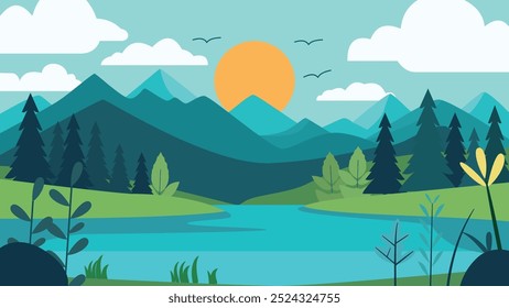Peaceful Nature Landscape of Mountain and Lake River with Sun in Green Forest