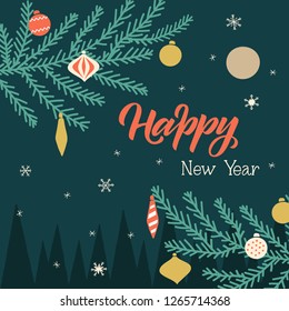 Peaceful New year greeting card. Calm night, forest on the background, snow and fir brunches with toys. Retro orange, blue, green and pale yellow colors. Flat folk style.