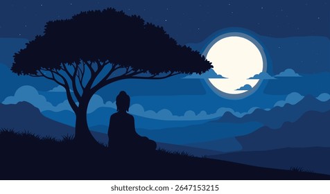 Noite pacífica Buda sob a árvore luar