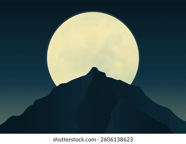 A peaceful night mountain scene with a glowing full moon and deep blue gradients. Ideal for adventure themes, outdoor backgrounds, night scenery, and relaxation visuals