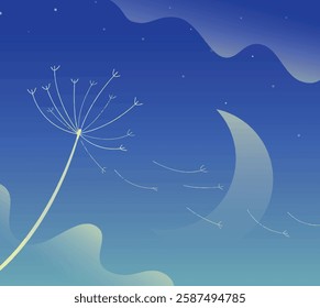 A peaceful night scene featuring a dandelion with seeds dispersing in the wind, under a crescent moon and a starry sky.