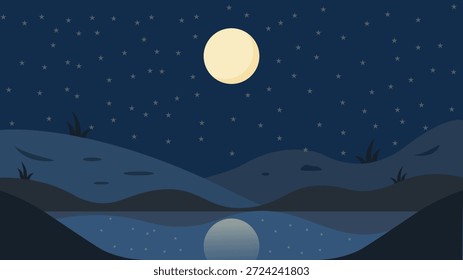 Escena nocturna tranquila con un cielo estrellado de luna llena, colinas onduladas y reflejo de agua perfecto para la meditación Fondos de pantalla temáticos de la naturaleza App fondos de narración y diseños tranquilos