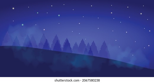 Peaceful night sky background featuring glowing stars over a silhouette of pine trees and hills. Soft gradients in blue tones evoke calm and serenity