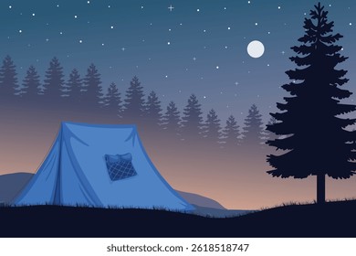 Peaceful Nighttime Camping Scene with a Tent Under a Starry Sky, Surrounded by Pine Trees and Distant Mountain Ranges. Tranquil Outdoor Adventure Illustration