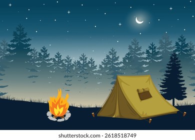 Peaceful Nighttime Camping Scene with a Tent Under a Starry Sky, Surrounded by Pine Trees and Distant Mountain Ranges. Tranquil Outdoor Adventure Illustration