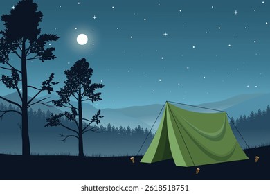 Peaceful Nighttime Camping Scene with a Tent Under a Starry Sky, Surrounded by Pine Trees and Distant Mountain Ranges. Tranquil Outdoor Adventure Illustration