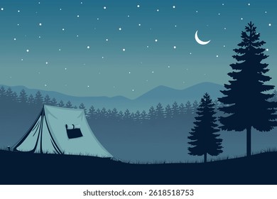 Peaceful Nighttime Camping Scene with a Tent Under a Starry Sky, Surrounded by Pine Trees and Distant Mountain Ranges. Tranquil Outdoor Adventure Illustration
