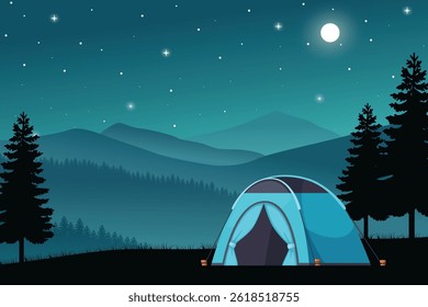 Peaceful Nighttime Camping Scene with a Tent Under a Starry Sky, Surrounded by Pine Trees and Distant Mountain Ranges. Tranquil Outdoor Adventure Illustration