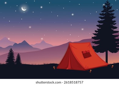Peaceful Nighttime Camping Scene with a Tent Under a Starry Sky, Surrounded by Pine Trees and Distant Mountain Ranges. Tranquil Outdoor Adventure Illustration