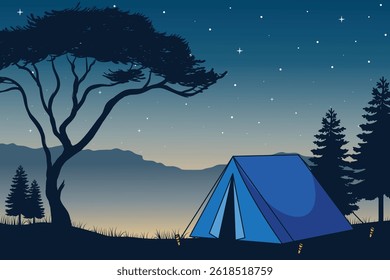 Peaceful Nighttime Camping Scene with a Tent Under a Starry Sky, Surrounded by Pine Trees and Distant Mountain Ranges. Tranquil Outdoor Adventure Illustration