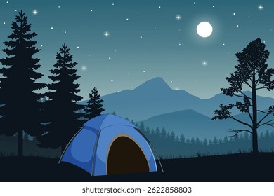 Peaceful Nighttime Camping Scene with a Tent Under a Moon and Starry Sky, Surrounded by Pine Trees and Distant Mountain Ranges. Tranquil Outdoor Adventure Illustration