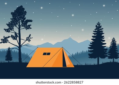 Peaceful Nighttime Camping Scene with a Tent Under a Starry Sky, Surrounded by Pine Trees and Distant Mountain Ranges. Tranquil Outdoor Adventure Illustration
