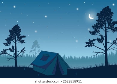 Peaceful Nighttime Camping Scene with a Tent Under a Moon and Starry Sky, Surrounded by Pine Trees and Distant Mountain Ranges. Tranquil Outdoor Adventure Illustration