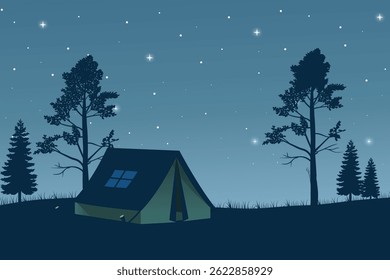 Peaceful Nighttime Camping Scene with a Tent Under a Starry Sky, Surrounded by Pine Trees and Distant Mountain Ranges. Tranquil Outdoor Adventure Illustration