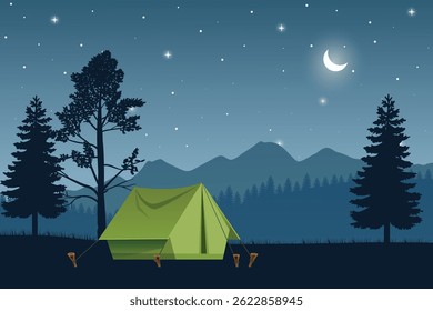 Peaceful Nighttime Camping Scene with a Tent Under a Moon and Starry Sky, Surrounded by Pine Trees and Distant Mountain Ranges. Tranquil Outdoor Adventure Illustration
