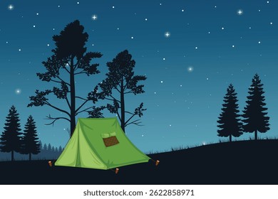 Peaceful Nighttime Camping Scene with a Tent Under a Starry Sky, Surrounded by Pine Trees and Distant Mountain Ranges. Tranquil Outdoor Adventure Illustration