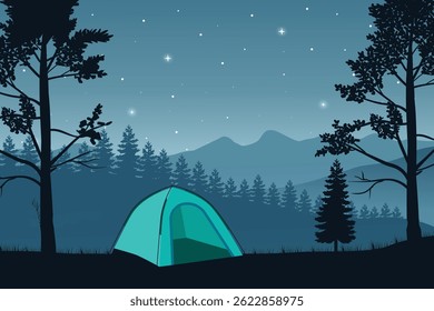 Peaceful Nighttime Camping Scene with a Tent Under a Starry Sky, Surrounded by Pine Trees and Distant Mountain Ranges. Tranquil Outdoor Adventure Illustration