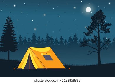 Peaceful Nighttime Camping Scene with a Tent Under a Moon and Starry Sky, Surrounded by Pine Trees and Distant Mountain Ranges. Tranquil Outdoor Adventure Illustration