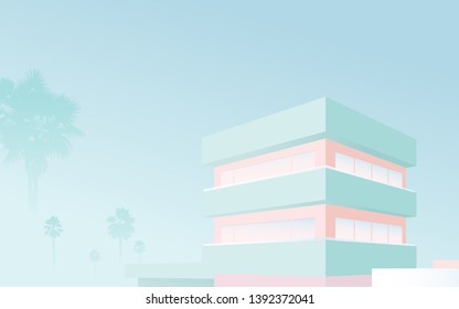 peaceful nostalgic miami motel style and palm tree, pastel soft and sweet background illustration