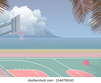 peaceful nostalgic seaside basketball court and it’s going to rain. illustration background pastel palette