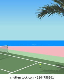 peaceful nostalgic seaside tennis court, pastel modern - vintage style background illustration