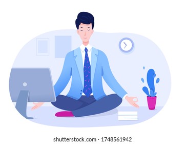 Peaceful office manager meditating sitting in lotus pose on table. Businessman doing yoga exercise. Effective business and time management. Stress relief and calm down. Mindfulness practice