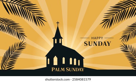 A peaceful Palm Sunday scene featuring a silhouette of a church, framed by palm leaves, with radiant sunbeams glowing in the background. The design captures the essence of celebration 