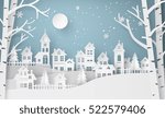 Peaceful paper cut town on a snowy Christmas night with glowing moon and trees.