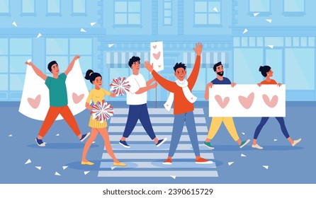 Peaceful parade on city street. Happy people carry banners and posters with images of hearts, funny festival activists, men and women crowd on demonstration cartoon flat vector concept