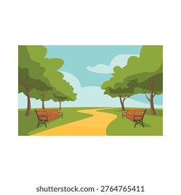 A peaceful park scene with a winding path and two red benches