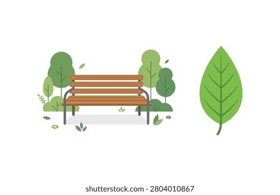 A peaceful park scenery vector set showing a wooden bench and a large green leaf.