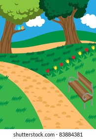 Peaceful park with trees, tulips and a bench, vector illustration