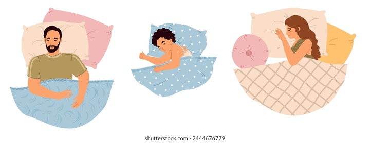 Peaceful people sleeping enjoying sweet dreams in comfortable bed top view isolated scene set. Comfort rest and recuperation vector illustration