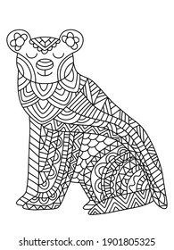 Peaceful polar bear coloring page for kids and adults. Detailed black outline arctic animal with ornament isolated on white. International Polar Bear Day linear stock vector illustration. One of serie