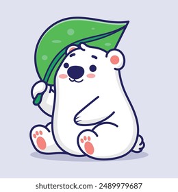 Peaceful Polar Bear with Large Leaf in Tranquil Wildlife Scene
