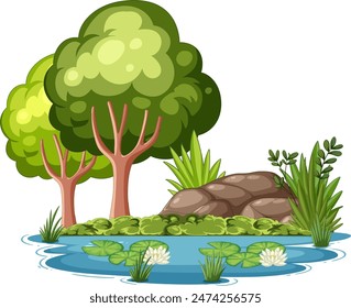 Peaceful pond surrounded by trees and rocks