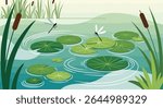 Peaceful Pond View with Dragonflies Lily Pads and Cattails in a Tranquil Setting