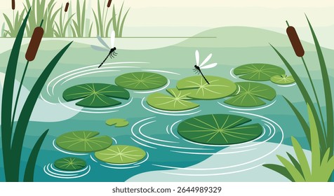 Lagoa Pacífica View com libélulas Lily Pads e Cattails em um cenário tranquilo