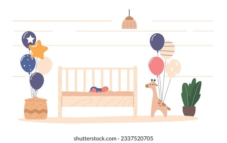 Peaceful, Precious Newborn Baby Sleeps Soundly in a Cozy Cradle in Room Decorated with Balloons, and Toys, Vector