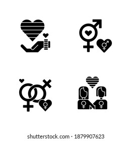 Peaceful pride parade black glyph icons set on white space. Lesbian couple. Rainbow heart. Bisexual and gay relationship. Silhouette symbols. Vector isolated illustration