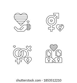 Peaceful pride parade linear icons set. Lesbian couple. Rainbow heart. Bisexual and gay relationship. Customizable thin line contour symbols. Isolated vector outline illustrations. Editable stroke
