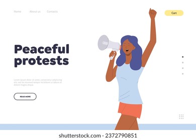 friedvoller Protest-Landing-Page-Template mit glücklicher junger Frau Charakter singen in Megaphone Design