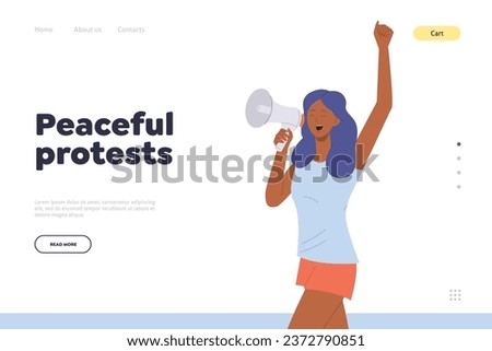Peaceful protest landing page template with happy young woman character singing in megaphone design