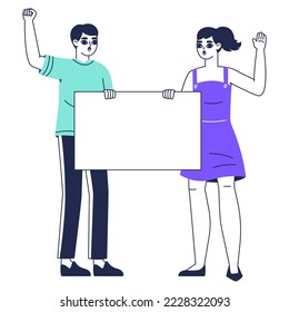 Peaceful protest and manifestation, protesting couple. People holding empty placard, political or eco activists protest flat isolated flat vector illustration on white background