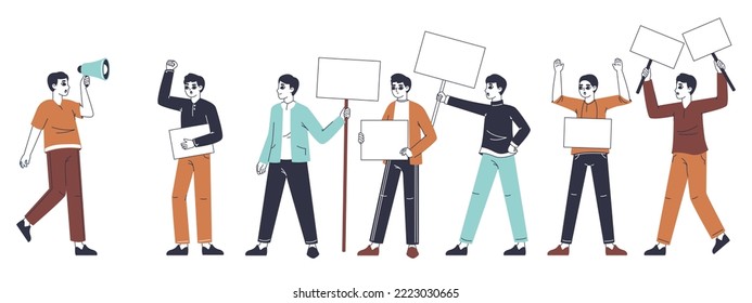 Peaceful protest, men holding empty placards. Protesting male activists, people rights and equality protest, manifestation activist group flat vector illustrations. Male strike concept