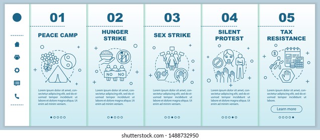 Peaceful protest onboarding mobile web pages vector template. Responsive smartphone website interface idea with linear illustrations. Pacifism webpage walkthrough step screens. Color concept
