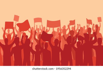 Peaceful protest and revolution. Silhouette of riot protesting crowd demonstrators with banners and flags. People on the meeting, crowd with banners. Vector illustration of conflict