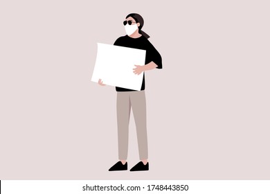 Peaceful protester wearing mask and eyeglasses it's identity; holding a empty placard in his hands. Flat design illustration