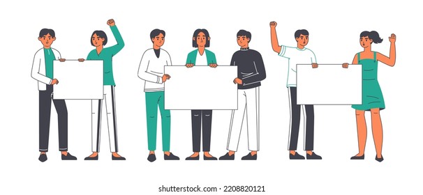 Peaceful protesters, activists people holding placards. Political rally, manifestation or protest march activists group flat vector illustrations set. Protesting activists scenes