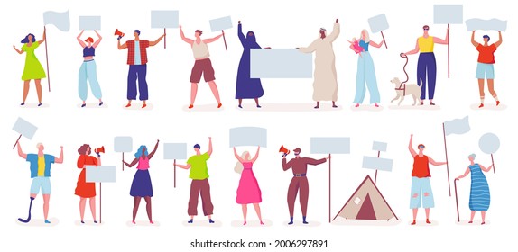 Peaceful protesters. People holding banners, placards, signs. Activist or protester with sign. Demonstration, political meeting vector set. Man and woman with loudspeakers or megaphones